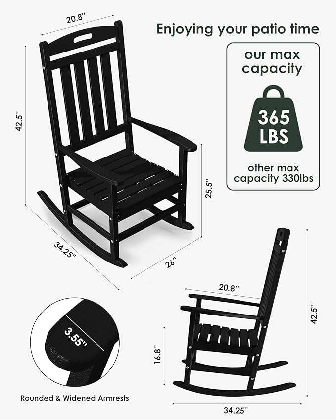 Outdoor Rocking Chair Set of 6, High Back Plastic Patio Rocking Chairs for Outside Porch Rocker Garden Lawn, All-Weather Resistant Poly Lumber Rocker Chair Outdoor, Aruba Blue