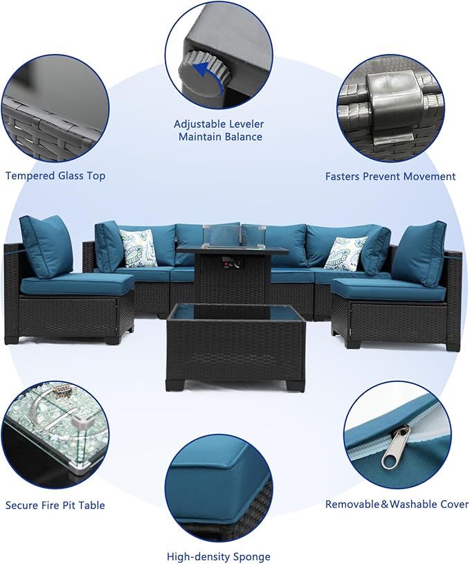 8 Pieces Patio Furniture Set with 28" Fire Pit Table, Wicker Outdoor Sectional Couch, Rattan Conversation Set for Backyard, Deck, Garden Lawn, Coffee/Peacock Blue