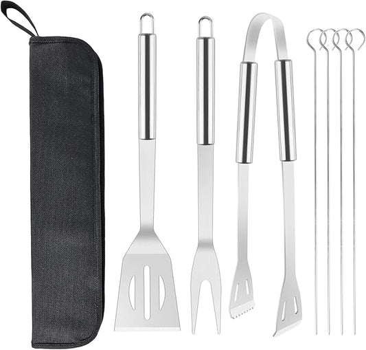 BBQ Grill Tool Set, 7 Pcs Stainless Steel Barbeque Grilling Tool Set, Includes a Spatula/Fork/Pair of Tongs, and 4 Corn skewers, BBQ Tools for Backyard Outdoor Kitchen