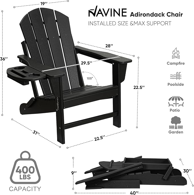 Adirondack Chair, HDPE Folding Adirondack Chair with Multifunctional Cup Holder, Weather Resistant Fire Pit Chair for porches, patios, patios, poolsides, Decks.