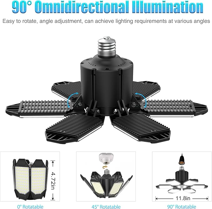 BRAINIAC LED Garage Light Bulb 100W 10000LM, Deformable Garage Lighting Led with 6 Adjustable Panels, E26/E27 Screw-in Light Fixture for Basement Workshop Barn Porch -2 Pack