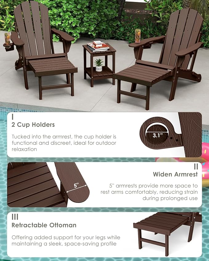 GREENVINES Adjustable Adirondack Chair with Retractable Ottoman Set of 4 | Folding | Wood Grain HDPE Plastic | Fire Pit Chairs w/Foot Rest | 2 Cup Holders | Dark Brown | for Outdoor Poolside