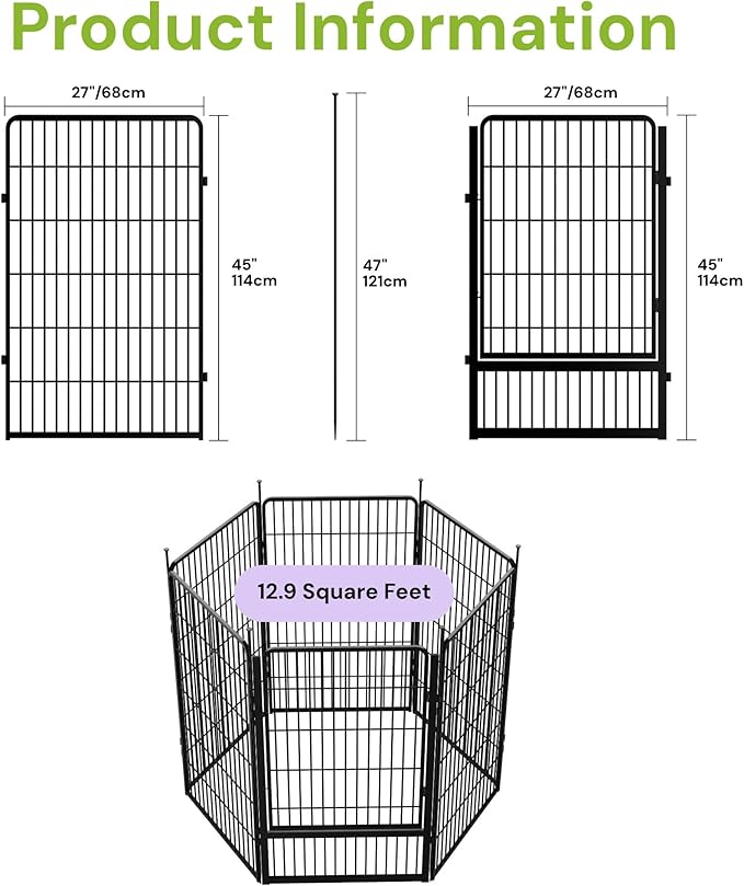 SunsGrove Tall Garden Fence with Gate, 45 in(H) x 26.8 ft(L) 12 Panels Heavy Duty Metal Animal Barrier Fence for Yard, Suitable for Indoor or Outdoor Dog Pet Fence, Garden Fence Border, Black