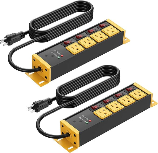 CCCEI CCCEI 2PCS Heavy Duty Power Strip Surge Protector 20 AMP Individual Switches. 15FT 12 Gauge Extension Cord with Multiple Outlets. Garage, Shop, Industrial Wall Mount Electric Extender, Yellow.
