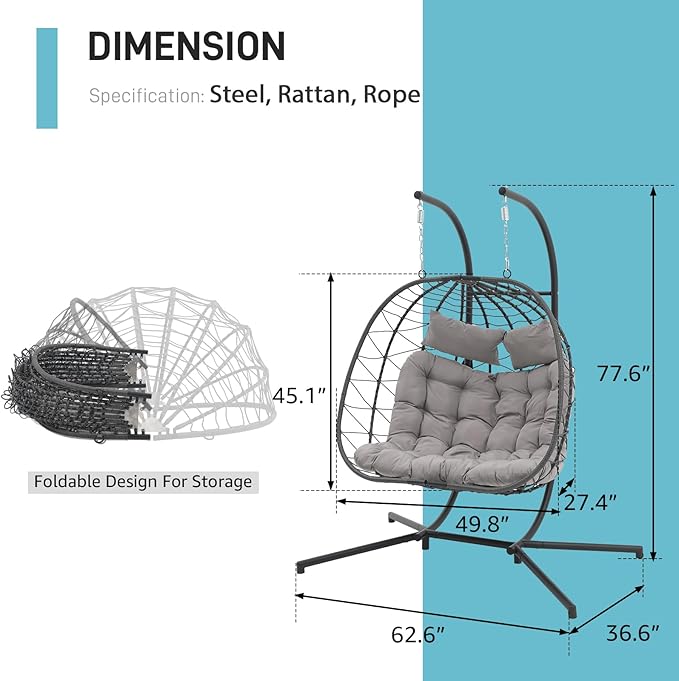 Patiorama 2 Person Double Egg Swing Chair with Stand Indoor Outdoor, Patio Wicker Rattan Hanging Egg Chair w/Cushion, Pillow, Foldable Hammock Chair 550lbs for Bedroom, Balcony, Garden (Light Grey)