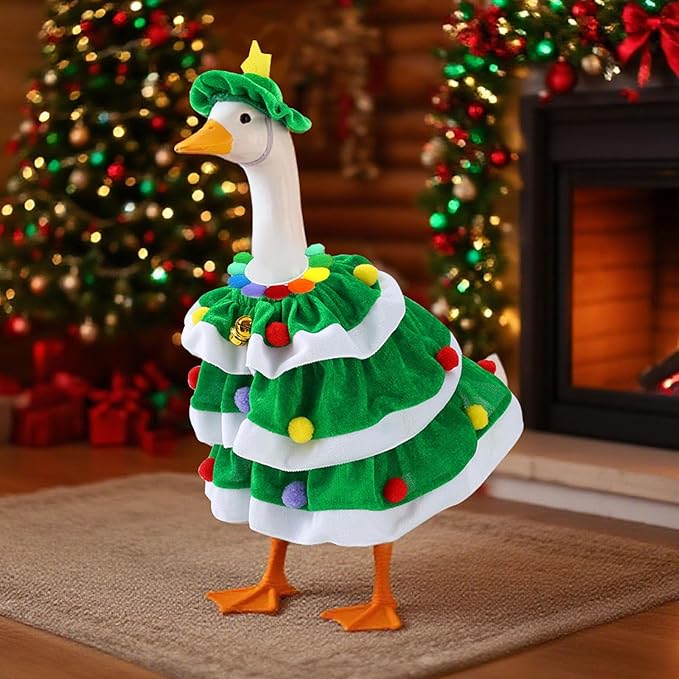 Christmas Porch Goose Outfits - 3Pcs Lawn Goose Goose Costume Small Green Hat, Rainbow Collar and Christmas Tree Skirt for 23 Inch Goose Statues, Holiday Outdoor Garden Porch Yard Lawn Patio Decor