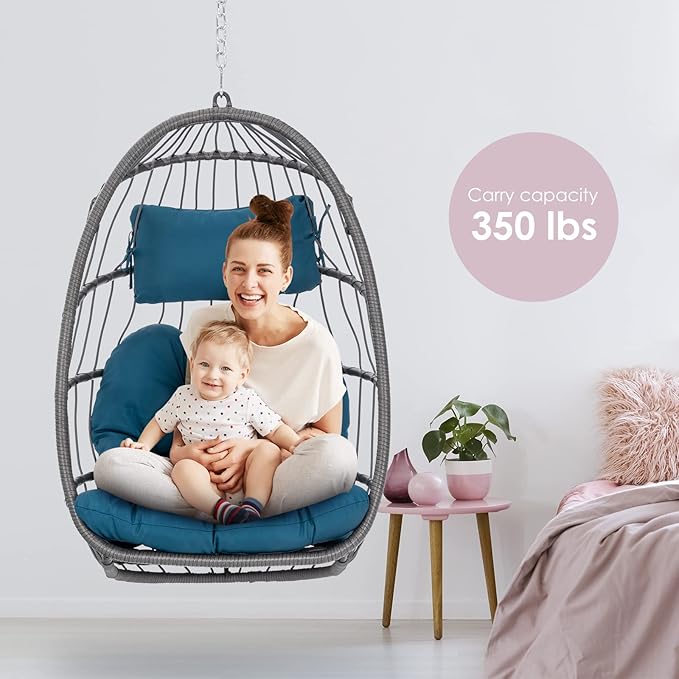 Hanging Egg Chair - Patio Rattan Wicker Swing Egg Chair Hammock Chair for Indoor Outdoor Bedroom Garden - Aluminum Steel Frame UV Resistant Cushion (Aluminum-Without Stand, Teal Blue)