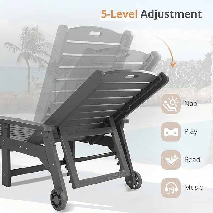 LUE BONA Chaise Lounge Chair with Table, 2-Piece,79'' Oversized HDPS Chaise Lounger, 5 Positions Adjustable Lounge Chairs, Pool Lounge Chair with Wheels for Poolside, 3 Year Warranty, Dark Gray
