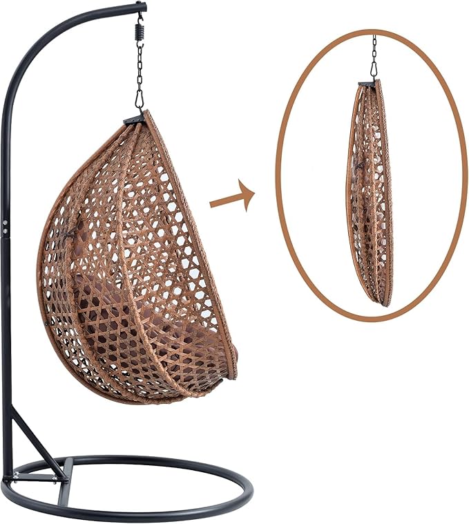Hanging Egg Chair with Stand, Egg Swing Chair with Stand Indoor Outdoor, Brown Wicker Swing Egg Chair for Adults, Hammock Chair with Comfortable Cushion and Stable Round Metal Base for Bedroom Patio