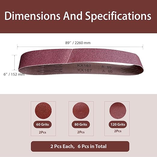 6x89 Inch Sanding Belts, Total 6Pcs Each of 60/80/120Grit of 2Pcs, Aluminum Oxide Abrasive Belts Multi-Grit Assortment for Wood & Metal Sanding/Polishing