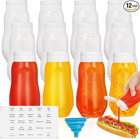 Goaste 12 Pack Condiment Squeeze Bottles, 12 oz Plastic Squirt Bottles with Flip Top Cap, Reusable Empty Sauce Containers with Labels & Silicone Funnels for Ketchup, Mustard, Syrup, Salad Dressings