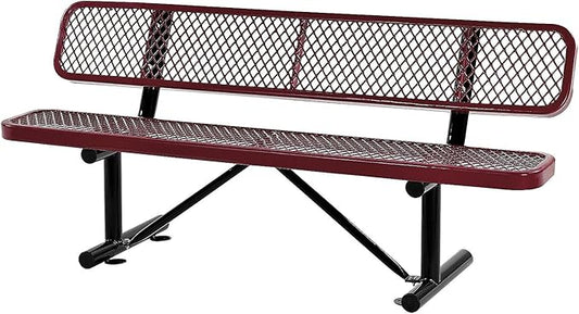 Global Industrial 6'L Heavy Duty Expanded Metal Mesh Bench with Backrest with Steel Frame, Portable Outdoor Bench, 1000 lbs Capacity, Red, 72" L x 24" W x 33" H