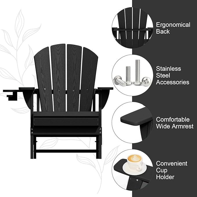 Folding Adirondack Chair, HDPE All-Weather Patio Chairs for Outdoor, Patio, Lawn, Garden, Backyard Deck, Fire Pit - Black