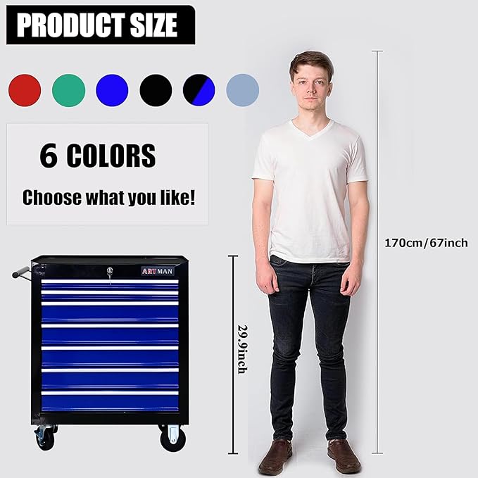 7 Drawers Tool Cart on Wheels,Multifunctional Rolling Tool Chest Tool Storage,Drawers Rolling Tool Trolley Organizer Tool Case for Garage, Warehouse, Workshop, Repair Shop (Black+Blue)