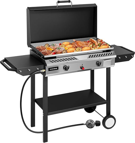 VIVOHOME 2-Burner Outdoor Griddle Station with Detachable Griddle Plate, Portable Propane Gas Stove with 2 Wheels, Multifunctional BBQ Grill for Backyard, Camping, and Tailgating
