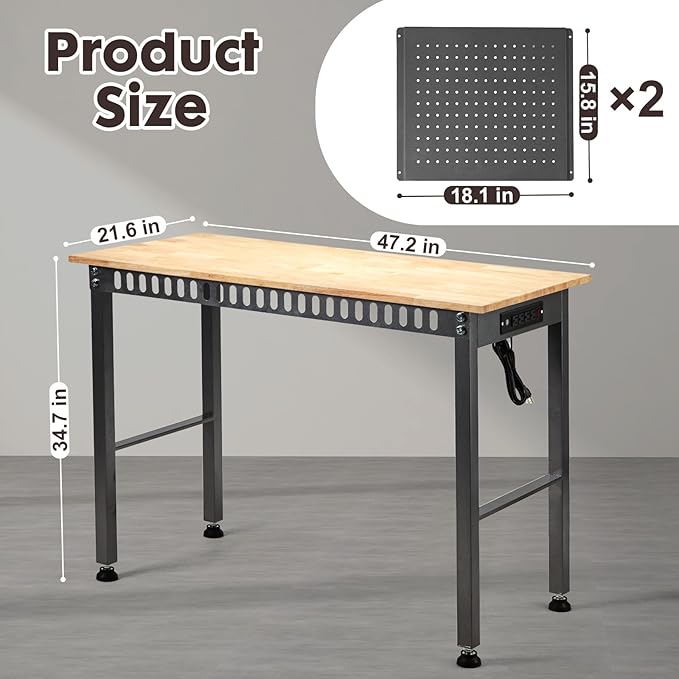 48 "Workbench with Power Outlet,Two Activity Pegboard,Heavy Duty 2000 LBS Load Capacity Hardwood Workbench Suitable for Workshop, Office, Garage, Home