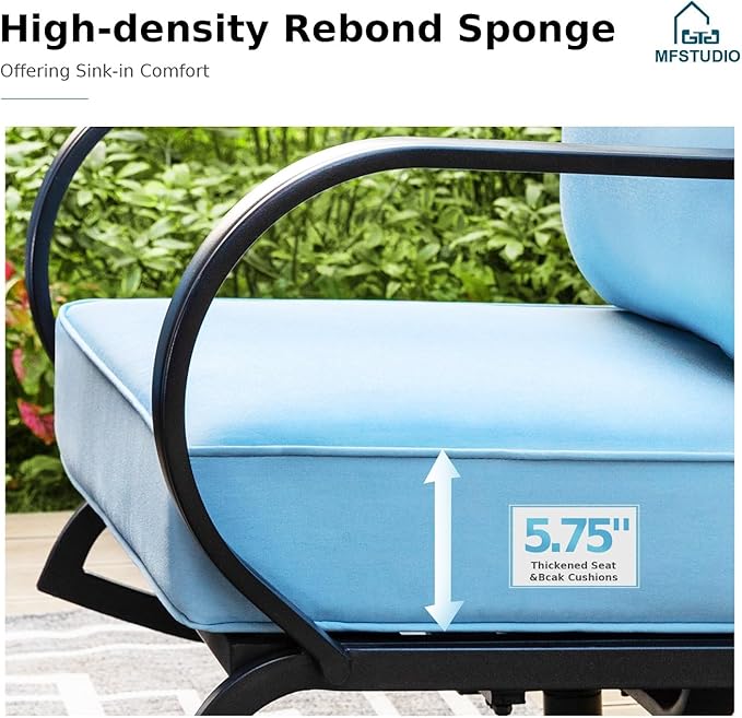 MFSTUDIO 4 Pieces Patio Conversation Sets, All Weather Metal Frame Outdoor Furniture Set Patio Sofas with 1 x 45 Rectangular Propane Fire Table, 1 x 3-Seat Sofa, 2 x Rocking Chairs, Blue Cushion