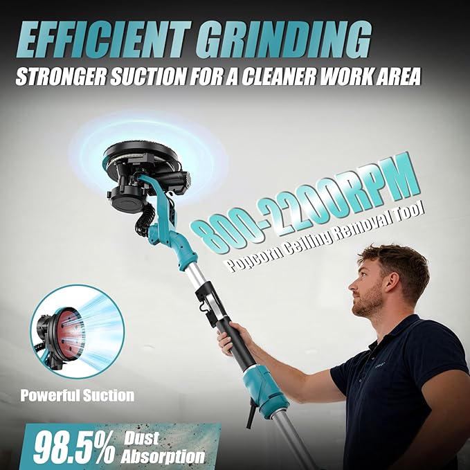 Drywall Sander, 1000W Popcorn Ceiling Removal Tool, Electric Drywall Sander with Vacuum Dust Collection, 30Pcs Sanding Discs, 6 Variable Speed 800-2200RPM, LED Light, Foldable & Extendable Handle