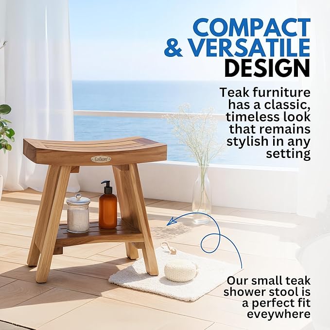 EcoDecors Teak Shower Bench 18", 300 lb Capacity – Waterproof Wood Bath Seat with Shelf, Spa Seating for Adults – Compact Fit for Small Bathrooms & Walk-in Showers – Slip-Resistant Feet