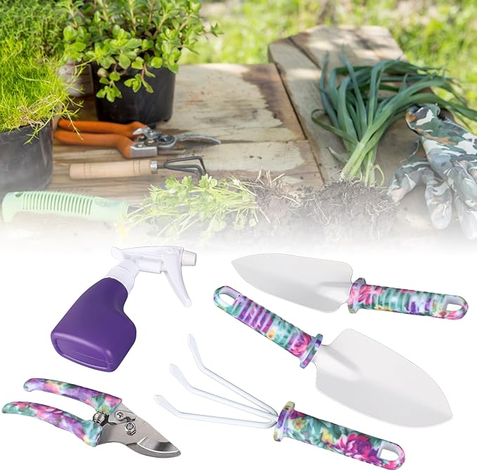 5 Piece Garden Tool Set, Includes Cultivator Rake and Shovels, Branch Scissors with Spray Can, for Indoor and Outdoor Planting, Purple Storage Container.