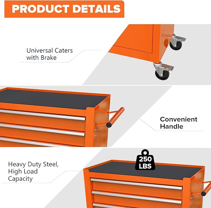4 Drawers Tool Cart on Wheels, Rolling Tool Box Tool Storage, Drawers Rolling Tool Box Organizer Tool Case for Garage, Warehouse, Workshop, Repair Shop(4 Drawers-Orange)