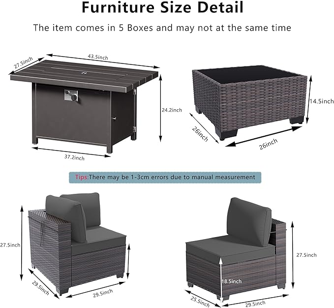 Outdoor Terrace Furniture Set, 15 Piece Outdoor Furniture Set, with 43 inch Aluminum 55000 BTU Propane fire Pit, PE Willow Vine Terrace Dialogue Set - Grey.