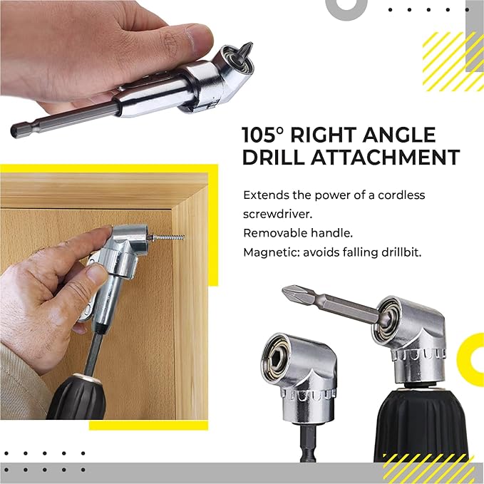 Right Angle Drill Attachment set with Flexible Drill Bit Extension and Transport Box - Drill Attachments with 90 Degree Drill Attachment and Right Angle Screwdriver - Extension