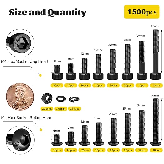 1500PCS M4 Screws with Nuts Assortment Kit, M4x6/8/12/16/20/25/30/40 mm Hex Socket Button & Cap Head Bolts Nut and Washers Set, 12.9 & 10.9 Grade Black Zinc Plated for DIY, 3D Printer