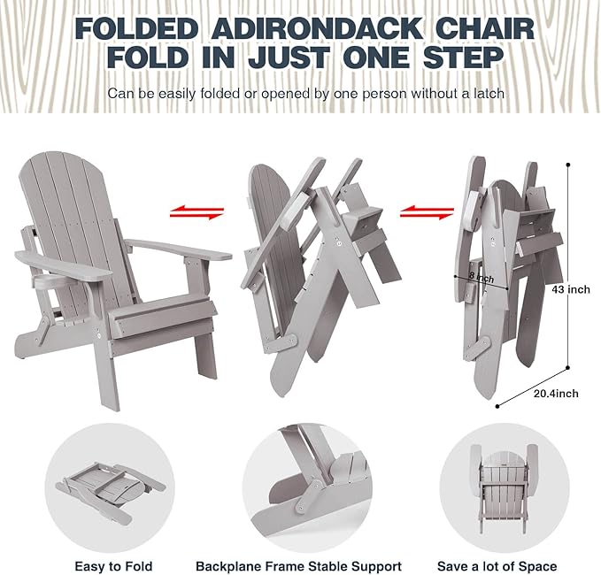 Folding Adirondack Chairs Set of 4, All Weather Resistant Plastic Chairs with Cup Holder, Fold or Unfold Easily in 1 Second, Outdoor Chairs for Patio, Garden, Backyard Deck, Lawn Fire Pit(Grey)