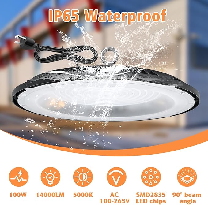 UFO LED High Bay Light, 100W 14000LM 5000K, Shop Lights for Garage, Warehouse, Gym, Barn, 5Ft Power Cord, IP65 Waterproof, 1 Pack