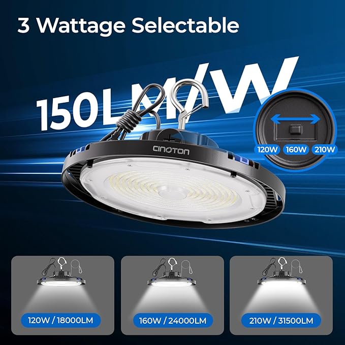 CINOTON 210W Switchable UFO LED High Bay Light, Aluminum LED Shop Lights with 31500LM, 5000K Commercial Bay Lighting for Garage Workshop 5000K Daylight-ETL Listed, 1 Pack