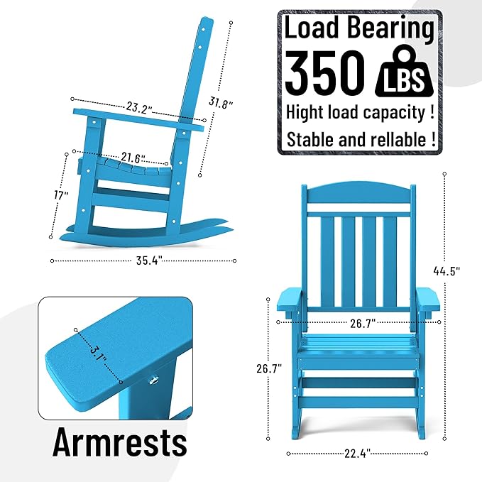 Outdoor Rocking Chairs Set of 6, Oversized High Back Patio Rocking Chairs, All Weather Porch Rocking Chairs for Outside. Pacific Blue