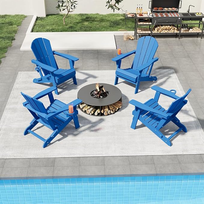 Folding Adirondack Chair with Cup Holders Set of 2, HDPE Plastic Outdoor Chairs, Weather Resistant, Real Wood Look for Patio, Deck, Fire Pit, Backyard, Blue