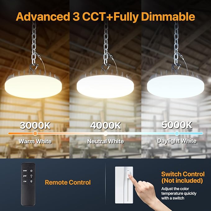LED Shop Lights 200W - 24000LM UFO LED High Bay Light with 3 CCT Adjustable, 10%-100% Dimmable Remote Control IP65 Waterproof Garage Lighting for Workshop, 2 Packs