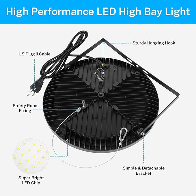 6 Pack 200W High Bay Led Lights, High Brightness 28000 LM with US Plug 5ft Cable,5000K,100V-277V, UFO Led High Bay Light for Warehouse Workshop Factory Barn Garage