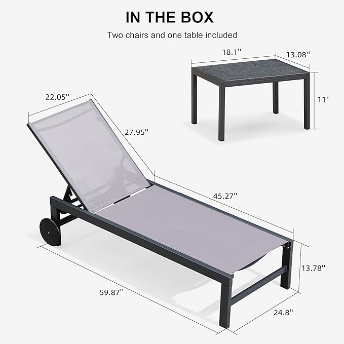 PURPLE LEAF Outdoor Chaise Lounge with Wheels for Outside 4 Pieces Aluminum Patio Lounge Chair with 5 Adjustable Position Recliner for Patio Beach Yard Pool Side Table Included Light Grey