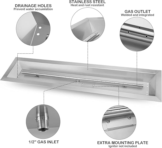 Stanbroil 36 x 6 Inch Linear Drop-in Natural Gas Fire Pit with Spark Ignition, 304 Stainless Steel Fire Pit Burner Insert for DIY Fire Table Backyard, 65,000 BTU'S Max