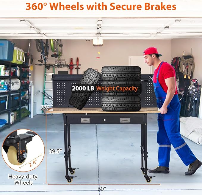 60x22 Inch with Drawer&Backplate，Work Table with 2000LBS Capacity, Mobile Workbench with Adjustable Height Rubber Wood Top, 27.8''-39.5''Height, Locking Wheels & Power Outlets for Workshop Warehouse