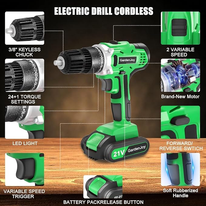 GardenJoy 20v Cordless Drill Set, Power Electric Kit Battery With Charger 30Nm 2-Speed 3/8" Keyless Chuck 24+1 Torque Drill Driver screwdriver Bits with LED Electric Work Light for MEN DIY