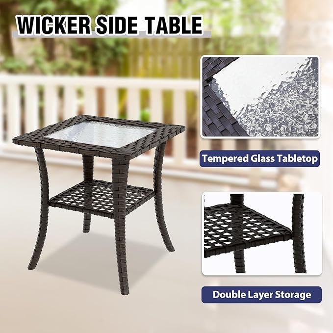 COOS BAY Stone Harbor Patio Bistro Set, 3 Piece Rattan Patio Table and Chairs Set, Wicker Rocking Chairs with Side Table, Small Balcony Furniture Set, Brown/Blue