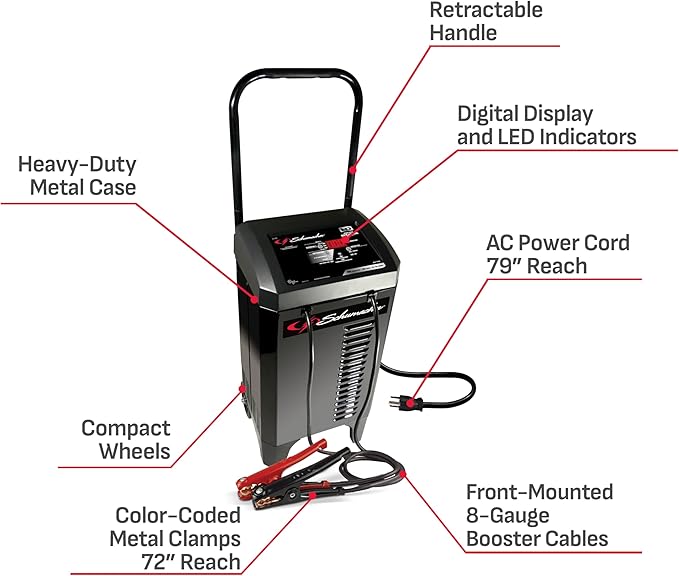 Schumacher Electric Wheeled Automatic 6A Car Battery Charger and 200A Engine Starter, 6-in-1 Solution, Maintainer, 40A Boost, for 6V/12V Power Sport, Automotive, and Marine Batteries, SC1309
