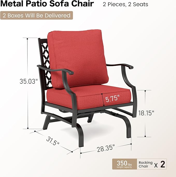 Metal Outdoor Rocker Patio Chairs Set of 2 with 5.75" Extra Thick Cushion, 2 Piece High Back Rocker Patio Chairs All Weather Outdoor Furniture Seating for Deck Balcony Porch, Rust Red