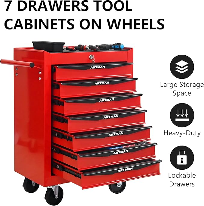 7 Drawers Rolling Tool Box on Wheels, Multifunctional Tool Cart, Drawers Rolling Trolley Organizer Tool Storage Chest for Warehouse,Garage,Workshop,Repair Shop (7 Drawers-30.5" H)