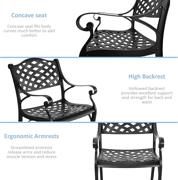 Cast Aluminum Patio Chairs Set of 2,Outdoor Bistro Dining Chair with Armrests,Metal 2 Piece Patio Bistro Chair with Adjustable Feet, Wrought Iron Outside Patio Furniture for Garden,Black