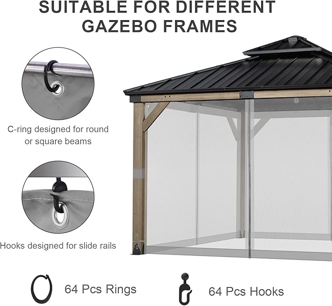 BPS 12' x 12' Gazebo Universal Mosquito Netting Screen Replacement, 4-Panel Screen Walls with Double Zippers for Outdoor Patio, Gray (Mosquito Net Only)
