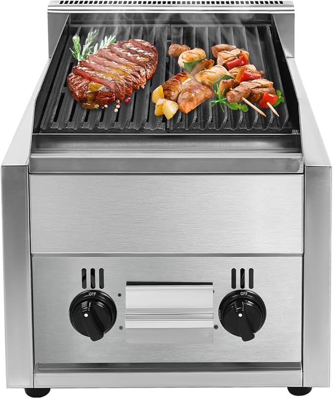 2 Burner Gas Grill, Portable Countertop Gas Propane Charbroiler with Large Grill Pan & Adjustable Temperature Commercial Char Broiler Grill for Canteens Small Food Factories Western Restaurants Etc