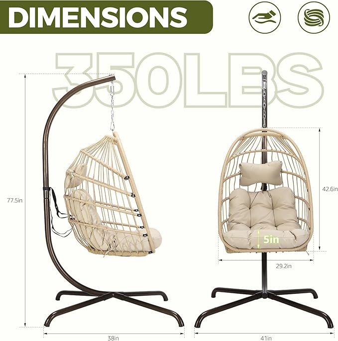 RADIATA Royal Craft Hanging Egg Chair with Stand, All-Weather Wicker Swing Chair with Dome Design and Cushion, 350Lbs Indoor Outdoor Hammock Basket Seat for Bedroom Balcony Patio Porch, Beige