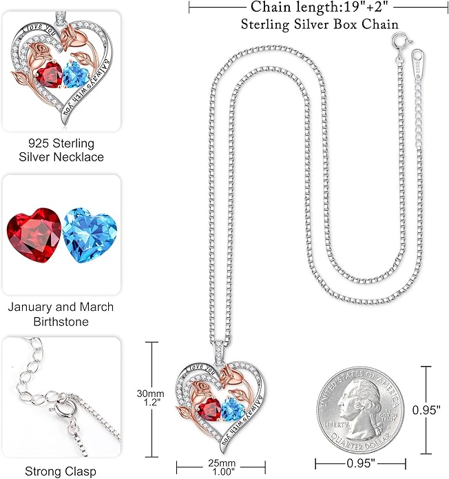 Iefil Christmas Gifts for Women Wife - 925 Sterling Silver Rose Heart Birthstone Necklace Birthday Anniversary Jewelry Gifts for Her Wife Mom Daughter
