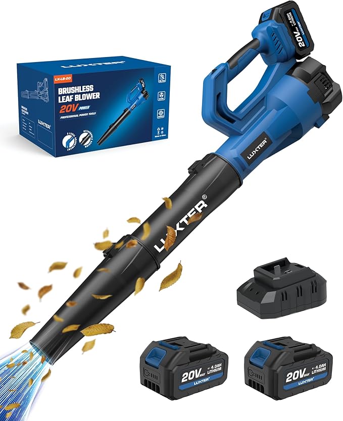 LUXTER Cordless Leaf Blower 20V Brushless Electric Leaf Blowers 320 CFM & 120 MPH 2-Levels Variable Speed with 2 X 4.0Ah Battery and Charger Included Blower for Lawn Care, Yard, Leaves, Dust, Snow