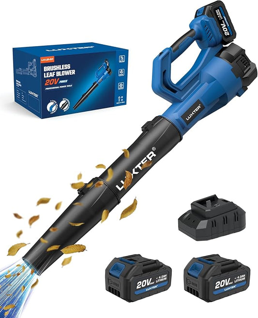LUXTER Cordless Leaf Blower 20V Brushless Electric Leaf Blowers 320 CFM & 120 MPH 2-Levels Variable Speed with 2 X 4.0Ah Battery and Charger Included Blower for Lawn Care, Yard, Leaves, Dust, Snow